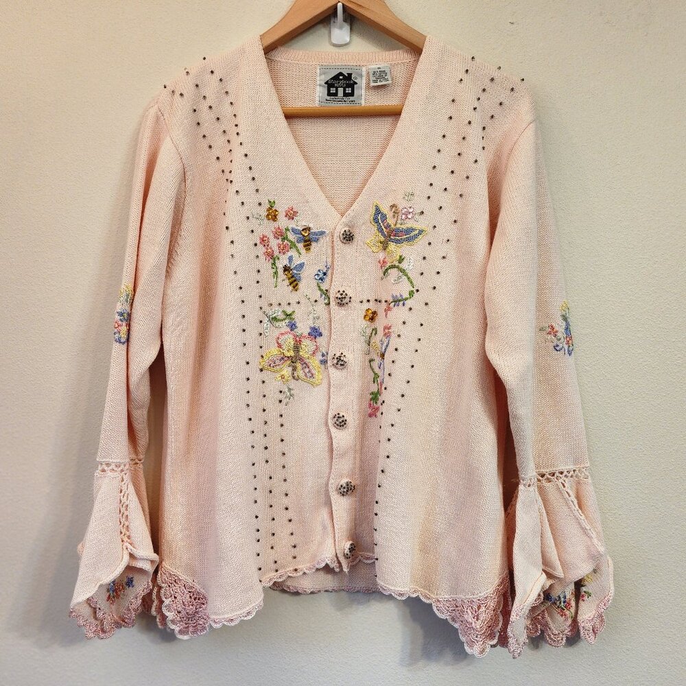 Vtg Storybook Knits Fairy Garden sz 1X Cardigan Sweater Pink Cottage Core Wimsy